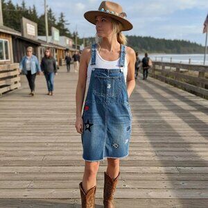 Junior Hang Ten Denim Jumper Dress with Graffiti Emboidery